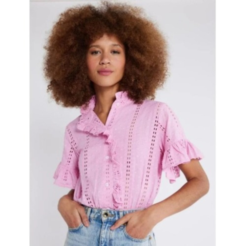 Mille Women Small Short Sleeve Vanessa Ruffle Eyelet Button Up Top Pink